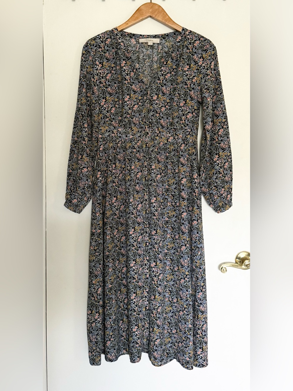 LOFT Navy Blue Floral Long-Sleeve Button Down Midi Dress